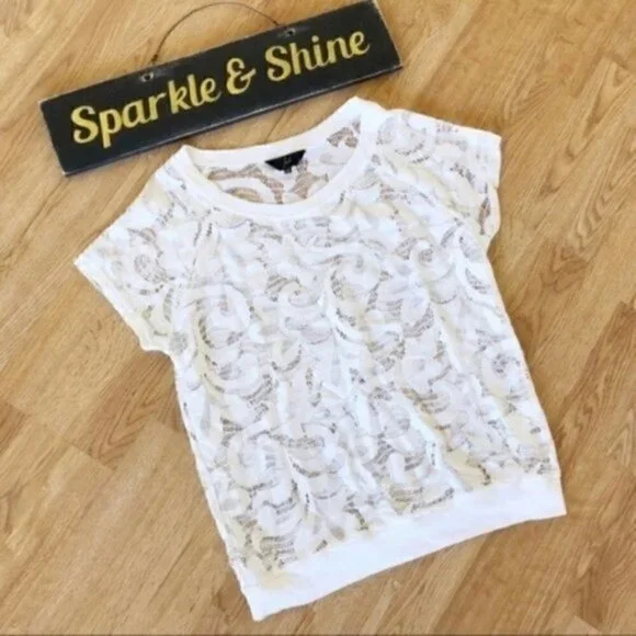 Jack by BB Dakota Top M Lace Knit White Coverup Boho Flirty Short Sleeve - Picture 3 of 9